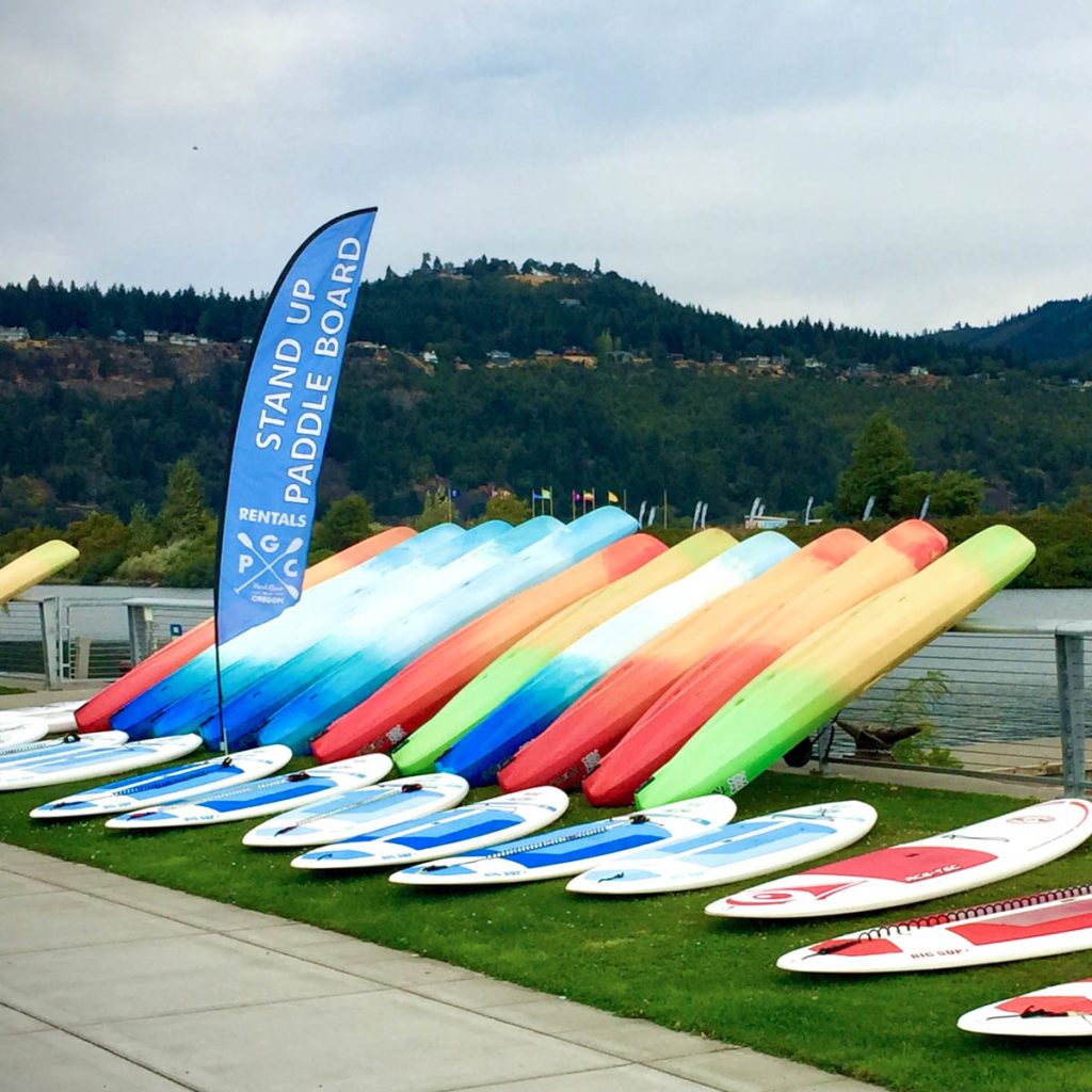 assortment of kayaks and paddle boards for rent