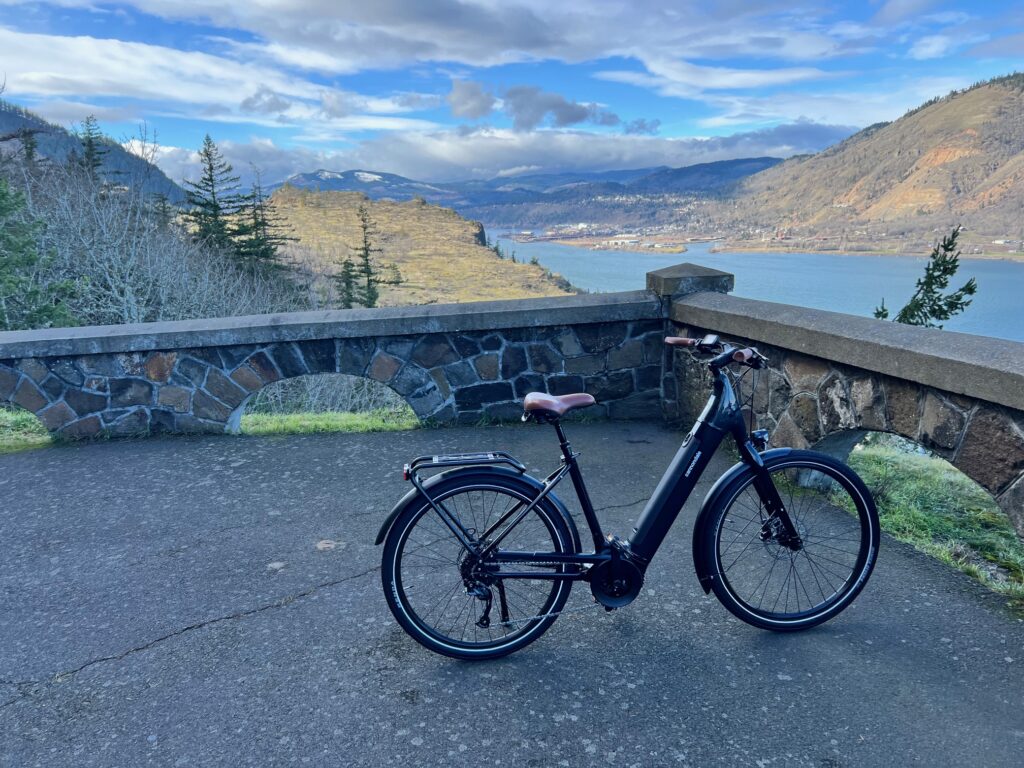 A Rental Electric Bike with Hood River and the Columbia Gorge in the backround.